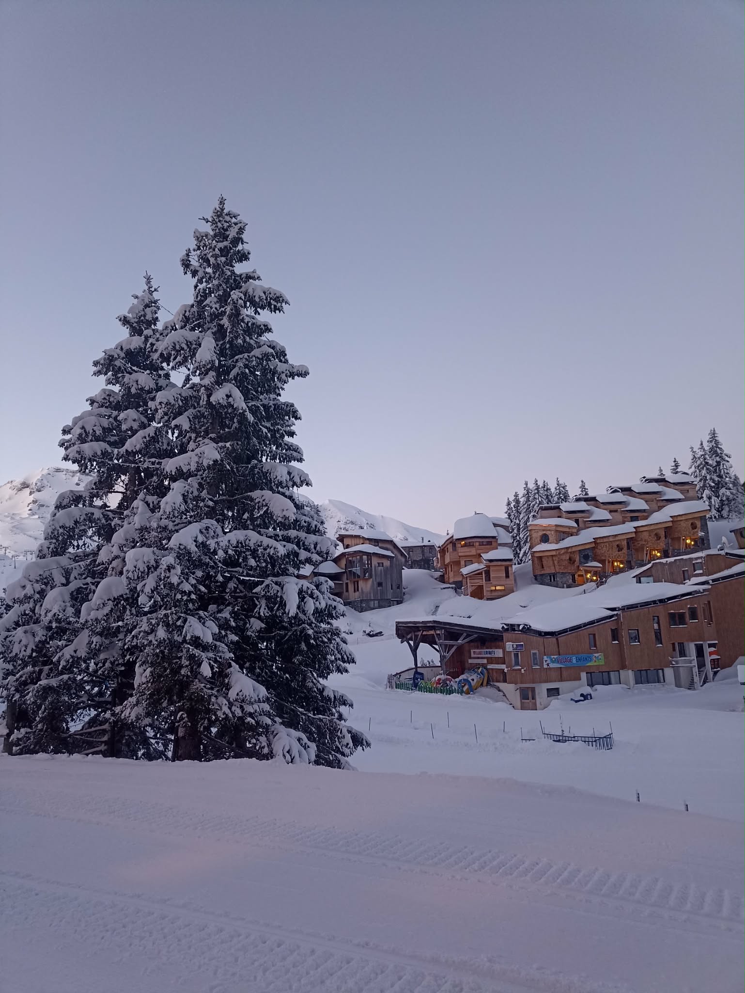 Avoriaz au crépuscule, sapin enneigé